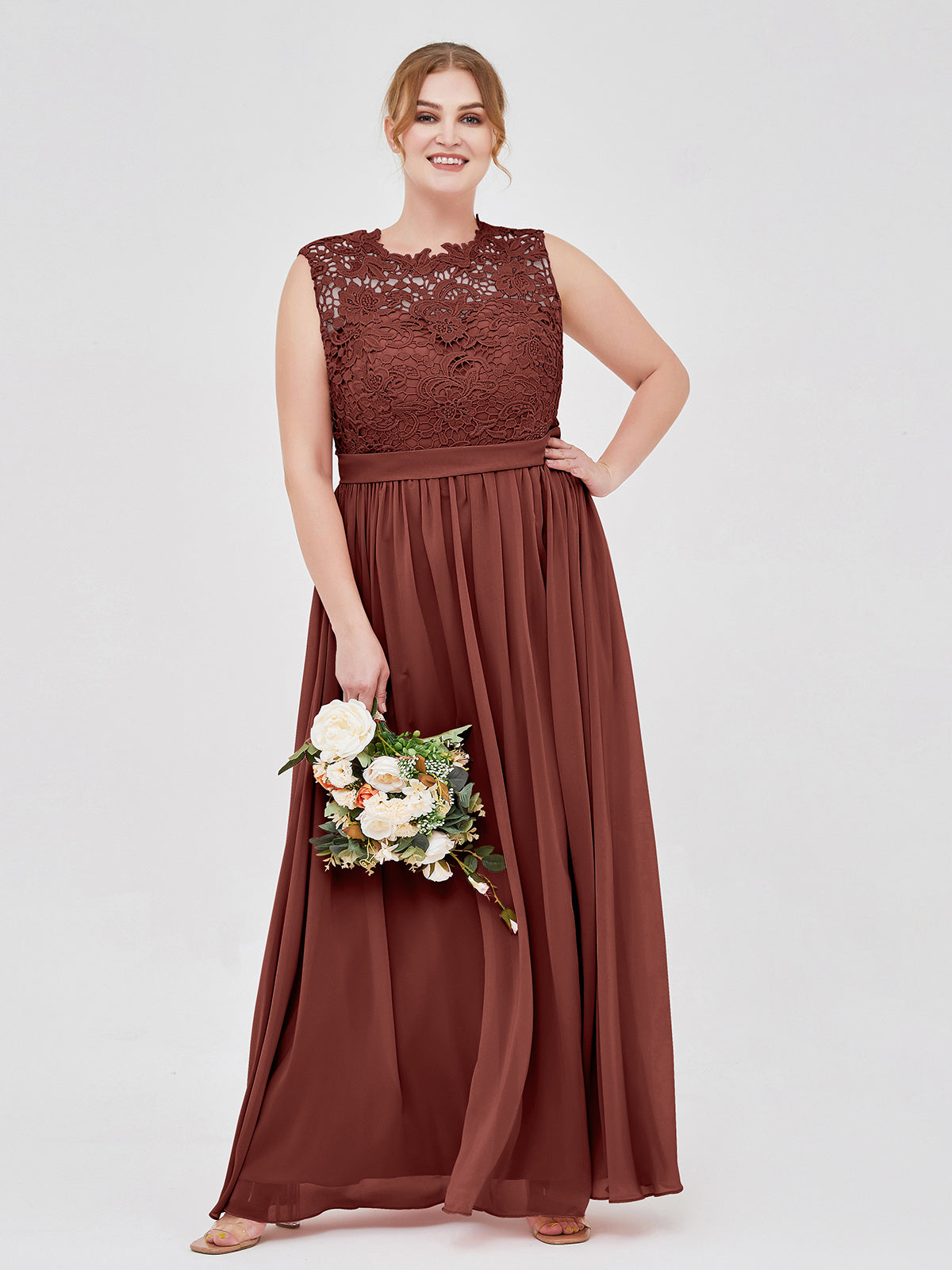 Illusion Neck Chiffon and Lace Dresses Terracotta